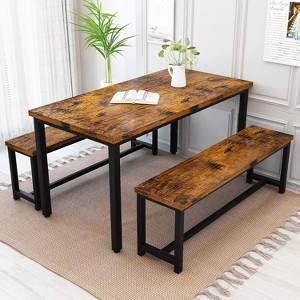 Hooseng 3-Piece Dining Table Set for 4, 43'' Dining Room Table Set with 2 Benches, Space-Saving Dinette Table for Kitchen, Dining Room - 1 of 4