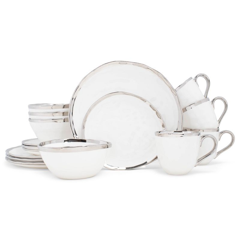 Elanze Designs 16-Piece Metallic Bubble Porcelain Ceramic Dinnerware Set - Service for 4, White Silver, 1 of 7