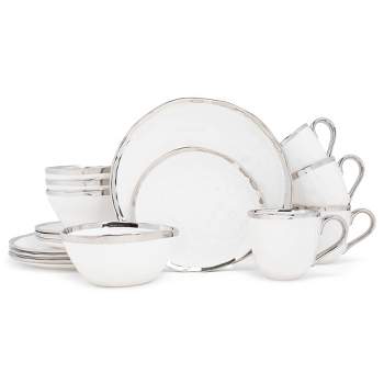 Elanze Designs 16-Piece Metallic Bubble Porcelain Ceramic Dinnerware Set - Service for 4, White Silver