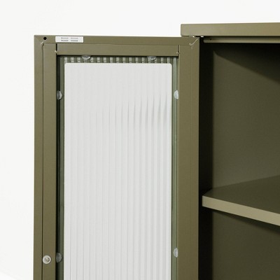 Olive Green Metal Storage Cabinet with Fluted Glass Doors