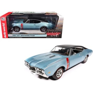 1968 Oldsmobile 442 W30 Holiday Coupe Teal Frost Metallic with Red and Black Vinyl Top 1/18 Diecast Model Car by Auto World - 1 of 4