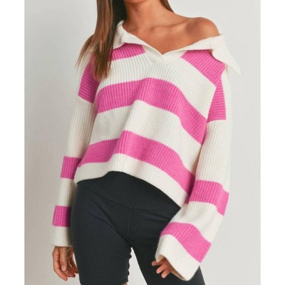 Women's Stripe Drop Shoulder Wide Collar Sweater - Buttermelon