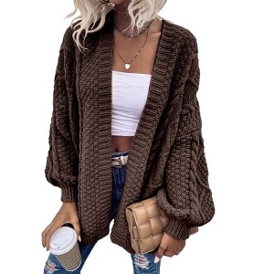 Imily Bela Womens Oversized Open Front Cable Knit Cardigan Sweaters Lantern Long Sleeve Chunky Outwear Coats - 1 of 4