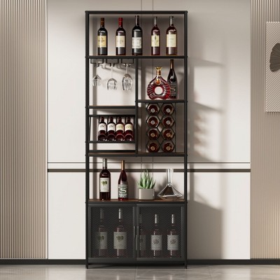 LOVMOR 82.7" Industrial Standing Wine Rack with Glass Rack Tall Freestanding Floor Bar Cabinet