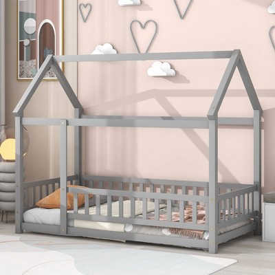 CAVINAS Twin Size Floor Bed House Shaped Modern Pine Bed Frame with Guardrail and Opening for Bedroom, Gray