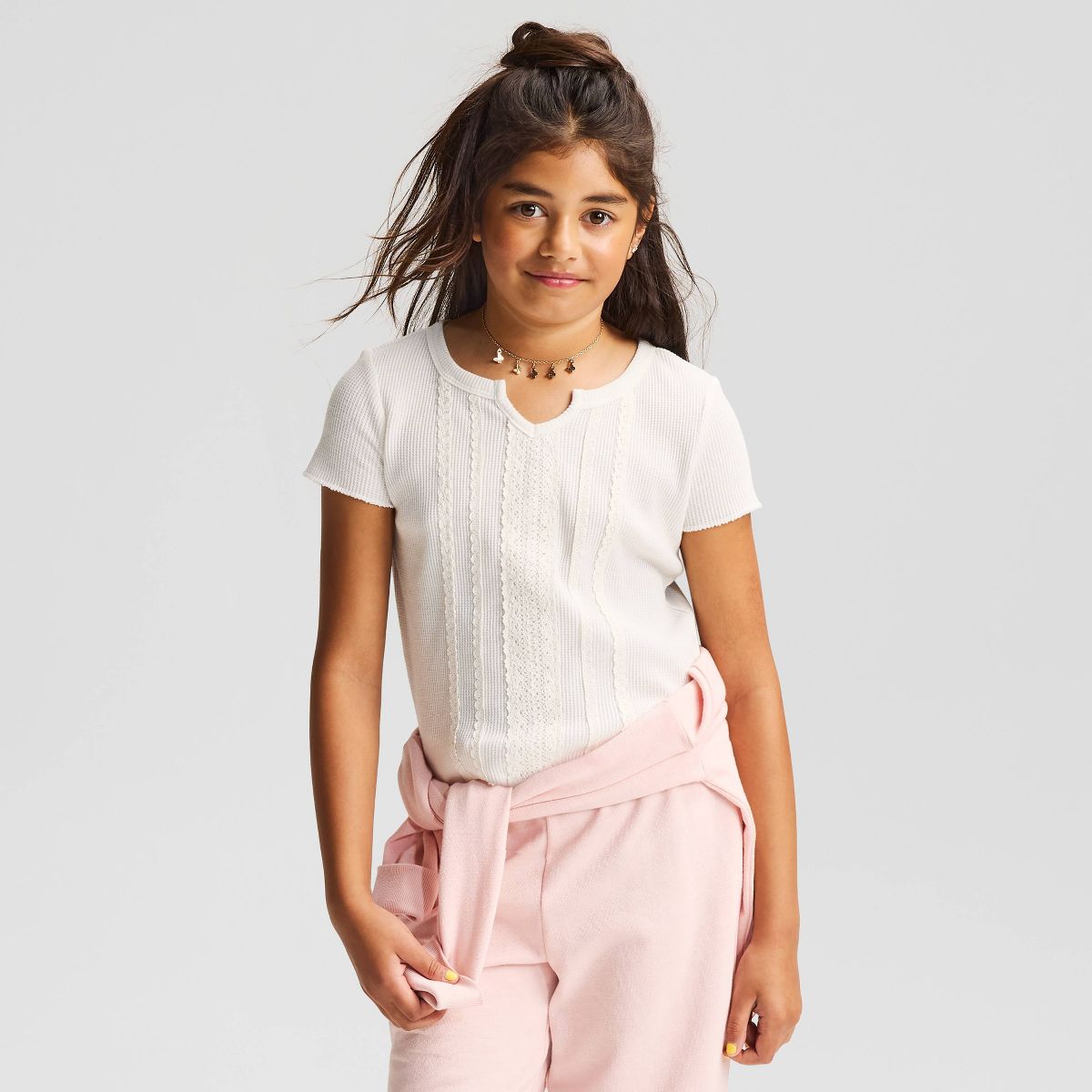 Girls' Short Sleeve Fitted Lace Trim Waffle Knit T-Shirt - Cat & Jack™ - thumbnail 4