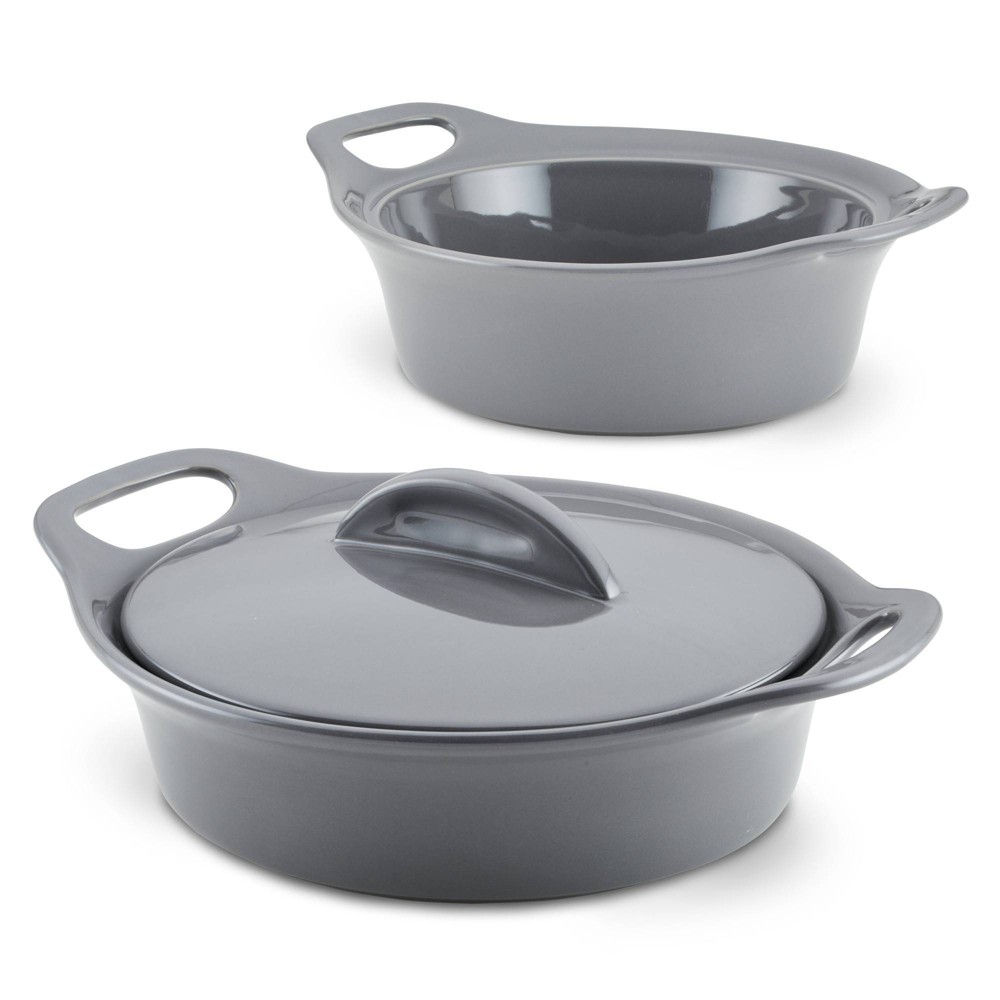 Rachael Ray Solid Glaze Ceramic 3pk Round Casserole Set with Shared Lid Dark Gray