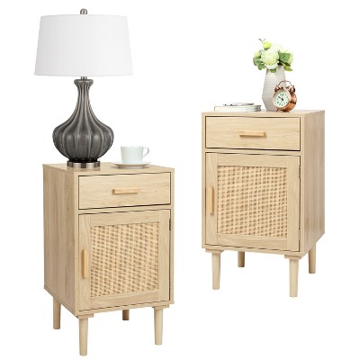Finnhomy Tall Nightstands Set of 2, Night Stand,Hand Made Rattan Decorated Doors, Nightstands with Storage for Bedroom, 2 Pack