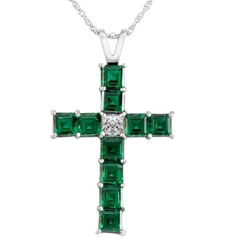 Pompeii3 6Ct TW Princess Cut Diamond & Emerald Cross Pendant Necklace Gold Lab Created - image 1 of 4