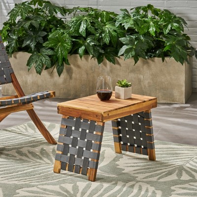 Folding Outdoor Side Table with Acacia Wood Top and Woven Straps for Balcony or Garden-Maison Boucle
