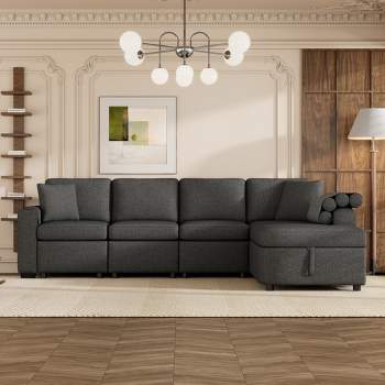 110" Sectional Sofa Couches, L-shaped Upholstered Couch with Storage Chaise, Cup Holder and USB Ports-ModernLuxe