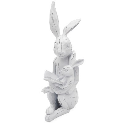 AuldHome Design Easter Reading Rabbit Figurine w/ Baby Rabbit 13in; Farmhouse White Bunny Statue