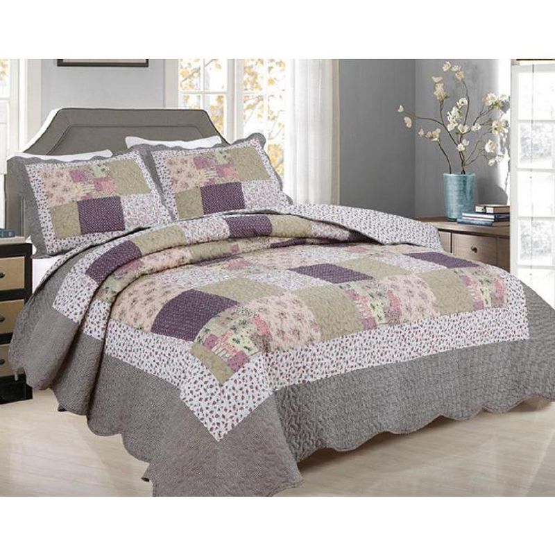 J&V TEXTILES Gray Patchwork Patchwork Traditional Printed Reversible Premium Quilt Sets (2-or3-Piece), 1 of 5