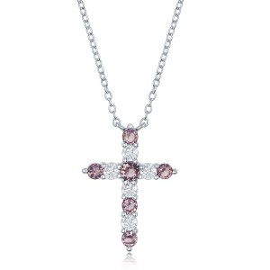 Bella Silver Sterling Silver Amethyst CZ 'Febraury Birthstone' Cross Necklace - Purple - 16+1 Inch - 1 of 2