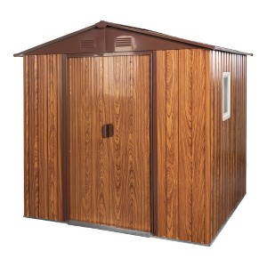 6*6feet Outdoor Metal Storage Shed With Metal Floor Base Lockable Sliding Doors Large Garden Utility Tool Shed, Brown - 1 of 4