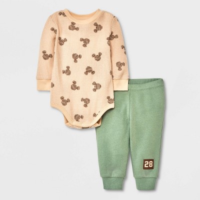 Image of Baby Boys' Disney Mickey Mouse Solid Top and Bottom Set - Green/Tan 0-3M