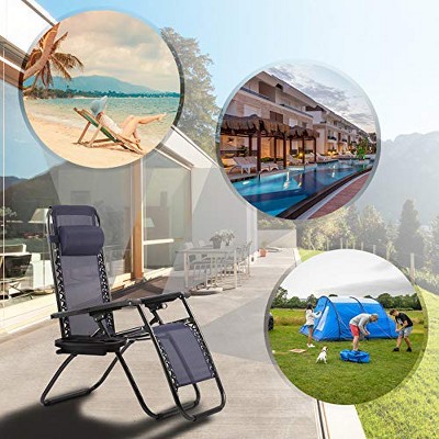 Blue Foldable Zero Gravity Outdoor Lounger with Cushions and Cup Holder, Set of 2
