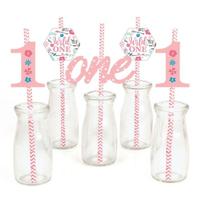 Big Dot of Happiness She's a Wild One - Paper Straw Decor - Boho Floral 1st Birthday Party Striped Decorative Straws - Set of 24