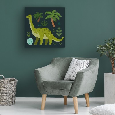 Large Green Pixel Dinosaur Canvas Art with Wooden Frame
