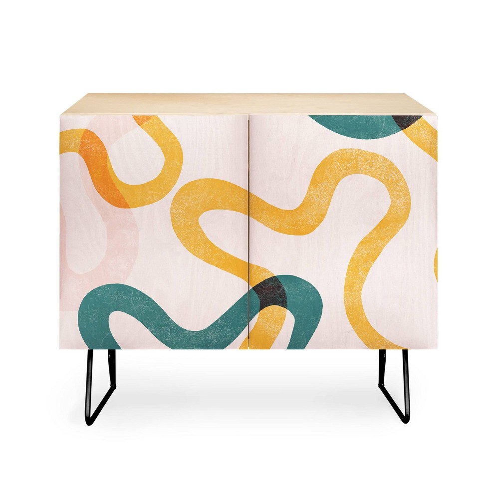 ThirtyOne Illustrations Streamers Black Legged Credenza - Deny Designs: Mid-Century Modern, Birch