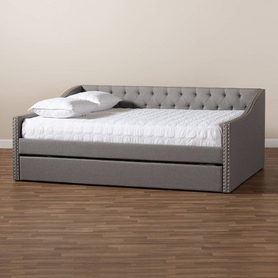 Light Gray Upholstered Full Daybed with Trundle and Nailhead Trim
