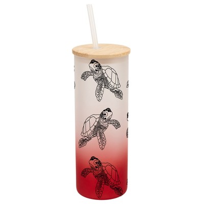 Elanze Designs Sea Turtle Ocean Life Wrap-Around Design 25 Ounce Frosted Gradient Glass On-The-Go Coffee Travel Skinny Tumbler Mug Cup, Bamboo Lid and
