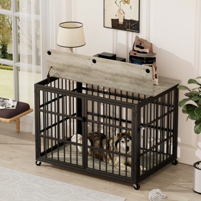 VisioGear Dog Crate with Side Opening Door and Wheels for Indoor, Grey, 43.3"*29.9"*33.5"