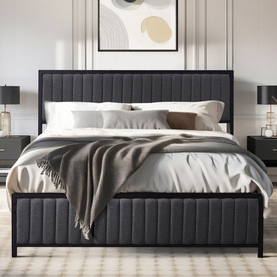 VECELO Upholstered Bed Frame with Headboard & Footboard, Heavy Duty Steel Slats, No Box Spring Needed