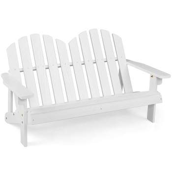 Costway 2 Person Adirondack Chair Kid Solid Wood Loveseat Backrest Arm Rest Patio Coffee/White