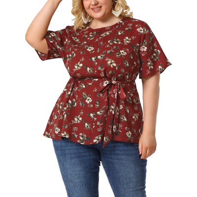 Agnes Orinda Women's Plus Size Ruffle Tie Waist Short Sleeve Chiffon Floral Blouse