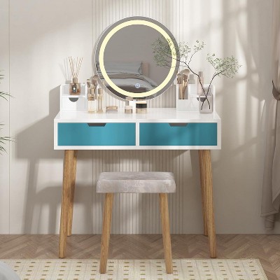Makeup Vanity Table Set with 3 Modes Adjustable Lighted Mirror Cushioned Stool, Dressing Table for Small Space, White and Blue