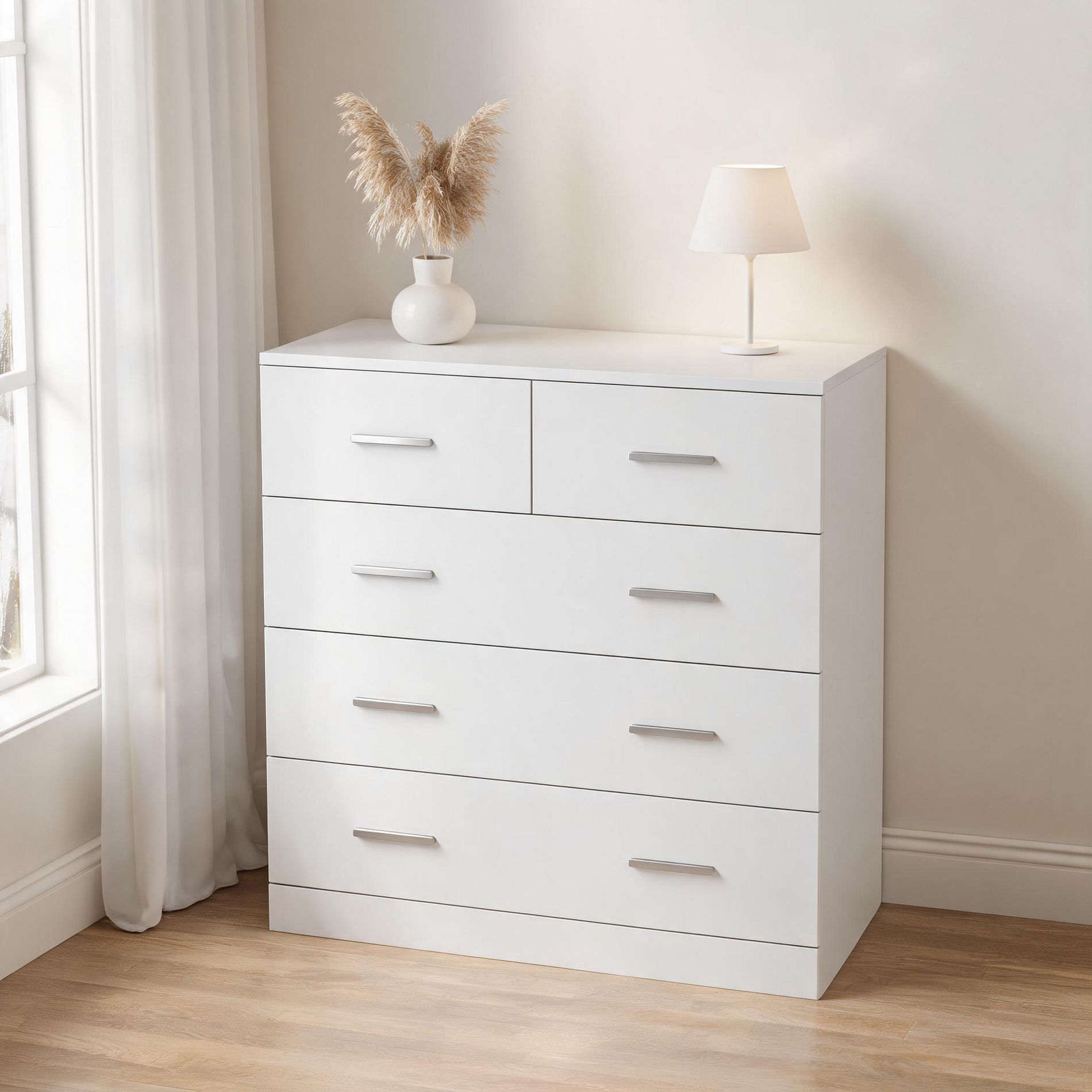 Garvee Wide Dresser Chest of Drawers, 5 Drawer Wood Storage Organizer with Sliding Rails, Large Capacity Clothes Storage Cabinet for Bedroom Living