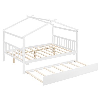 Bellemave Full Size House Bed with Twin Trundle, Wooden Montessori Playhouse Bed, Full Platform Frame for Kids, White