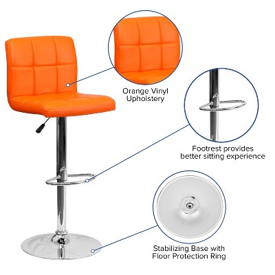 Orange Quilted Vinyl Adjustable Height Swivel Barstool with Chrome Base