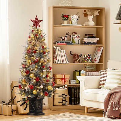 4.5 Ft Prelit Premium Snow Flocked Artificial Christmas Tree with 8 Mode Warm White Led,2pack