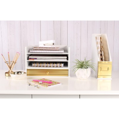 White and Gold Wood Letter Tray with Drawer