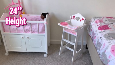 White and Pink Gingham Doll High Chair with Accessories