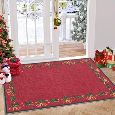 Christmas Area Rug with Bells Holly Berry Ribbon Garland, Festive Throw Carpet for Living Room Bedroom Kitchen Office