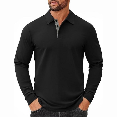 Мужские футболки COOFANDY Mens Long Sleeve Polo Shirts Cotton Collared Shirts Casual Business Polo Classic Golf T Shirts Black XL