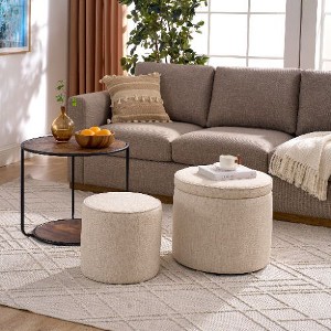 CAVINAS 3-Piece Set Round Storage Ottoman Bench, Multi-Functional Combination Set Table Ottoman, with Drum Stool, Velvet Ottoman with Storage - 1 of 4