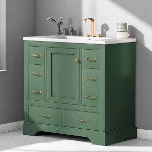 Mshliw 36" Bathroom Vanity with Ceramic Sink, Six Drawers, Adjustable Shelf, and Multi-Functional Divider - Modern Design - 1 of 4