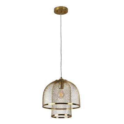 PAKOKULA 1-Light Gold Dome Pendant Light with Double Tier Open Metal Cage Mesh Shade