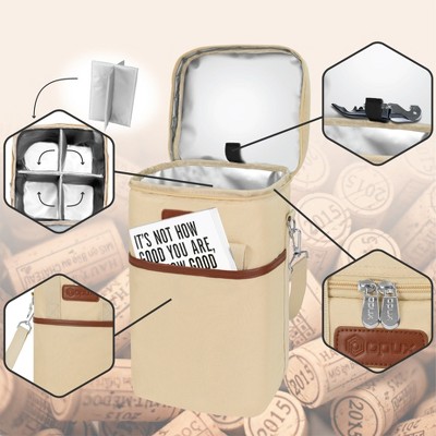Cream Beige Insulated 4-Bottle Wine Tote Carrier with PU Leather Trim
