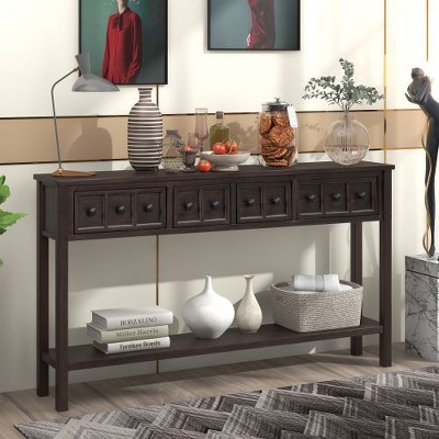 Sapphtopaz Distressed Solid Timber Console Table with 4 Drawers and Bottom Shelf, Rustic Narrow Entryway Table, 60" Long Sofa Table for Entryway