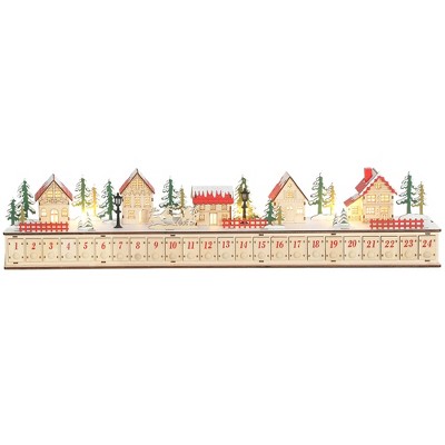 NAYSAYE Christmas Advent Calendar, Wooden 24 Drawers Lighted Village Scene for Table Mantel Reusable Countdown Holiday Gift, Beige, 32.7"*3.5"*6.7"