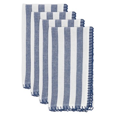 Navy and White Striped Cotton Napkins with Pompom Border, Set of 4