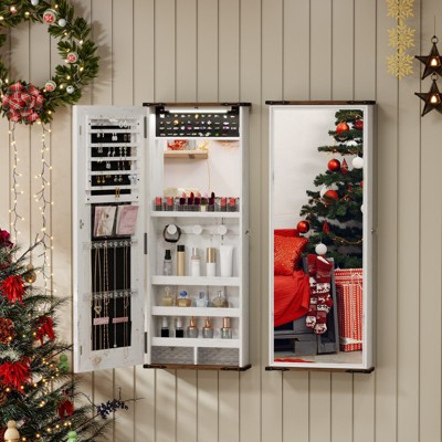 GlasFlength Decorative Wall Mirrors, Jewelry Cabinet with 4 Storage Shelves, Hanging Full Length Mirror with Secure Lock for Bedroom, White 42.5''H