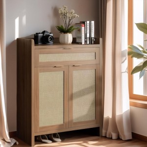 Boho Shoe Cabinet, 32 inch Rattan Shoe Organizer with Doors and Drawer, Coffee Bar Cabinet with Adjustable Shelf - 1 of 4