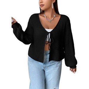 Coolmee Women's Plus Size Cardigan Top Hollow Out Open Knit Sweater Ladies Tie Front Shrug - 1 of 3