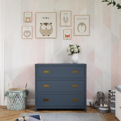 Graphite Blue Wooden Nursery Dresser with Brass Handles